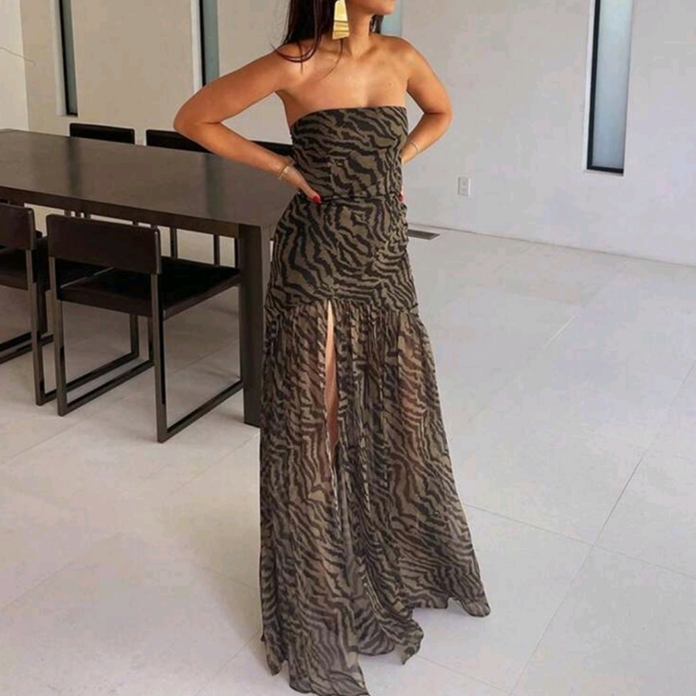 Women Tube Top Dress Slim Strapless Backless Mesh Patchwork Maxi Dress Leopard - Picture 9 of 9